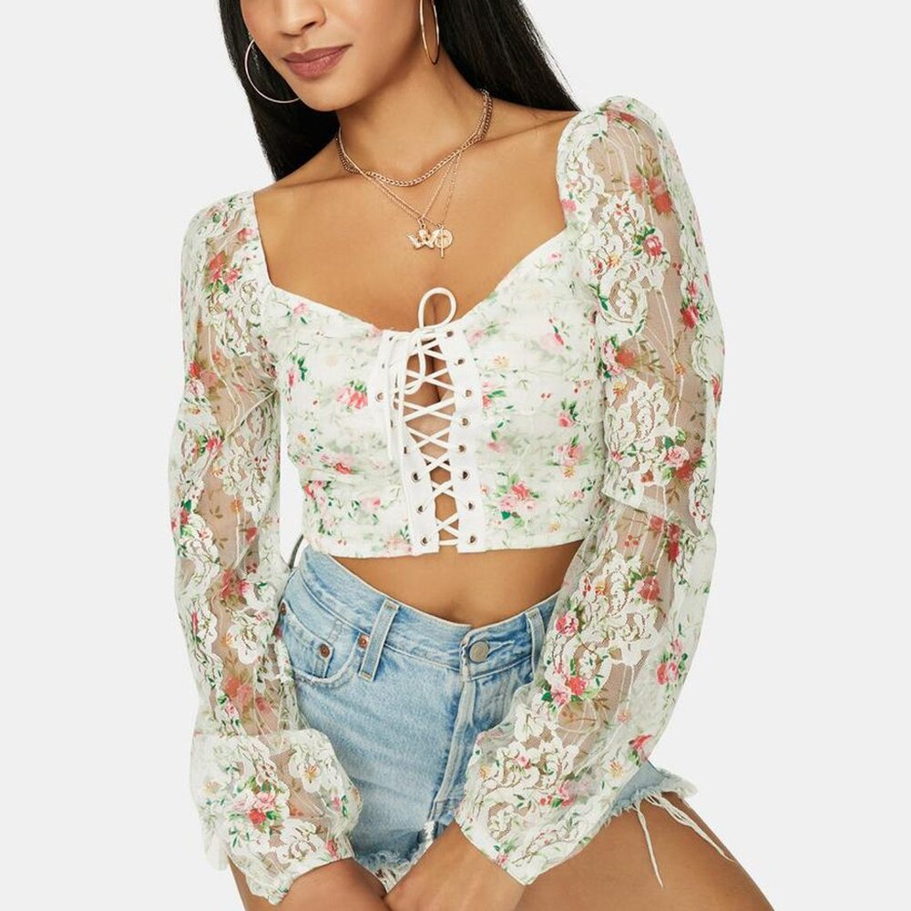 BLUE BLUSH Sheer Floral Lace Up Top Small White